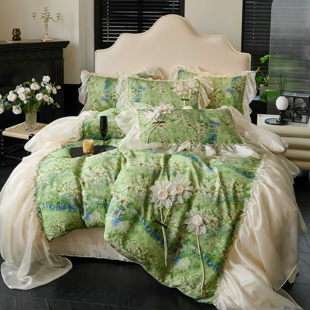 Rüschend Floral Chiffon-Besatz Bettbezug und Kissenbezug Set