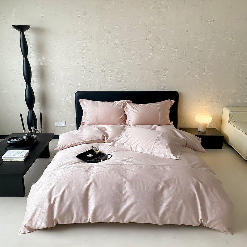 Luxus Satin Jacquard Bettbezug Set mit besticktem Blumenbordüre und Kissenbezügen