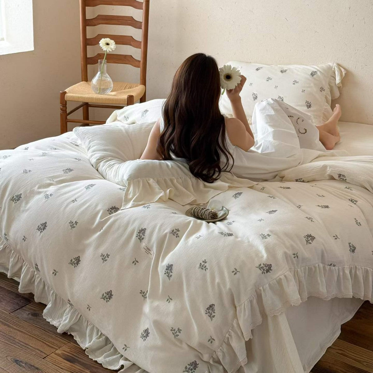 Gewaschenes Baumwoll-Rüschendekor Floral Bettwäsche Set