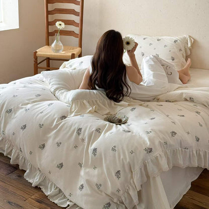 Gewaschenes Baumwoll-Rüschendekor Floral Bettwäsche Set