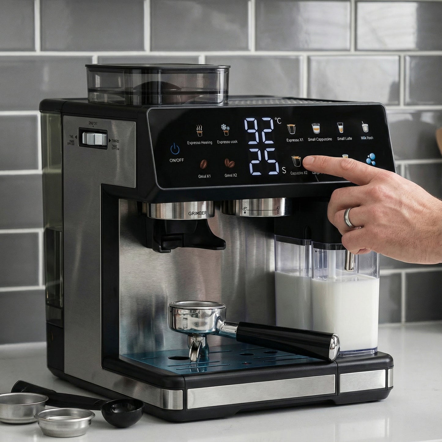 Espressomaschine mit Integriertem Mahlwerk, Automatischer Temperaturregelung und Programmierbaren Kaffeestärken Brehn