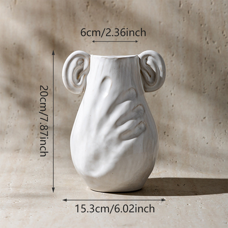 Handgefertigte Keramische Umarmungsvase mit skulpturalem Handrelief und Ohrhandgriffen