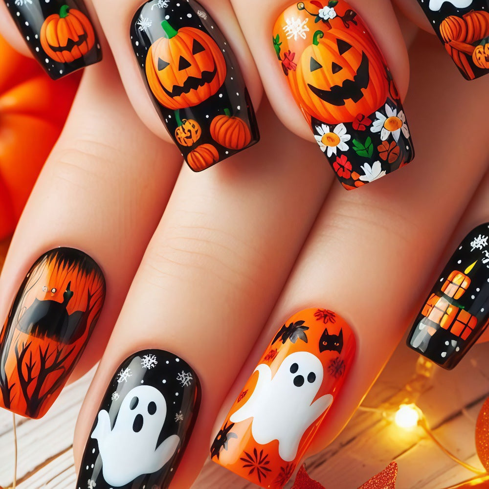 Kreative Halloween Kunstnägel mit Geister- und Kürbismotiv Brehn