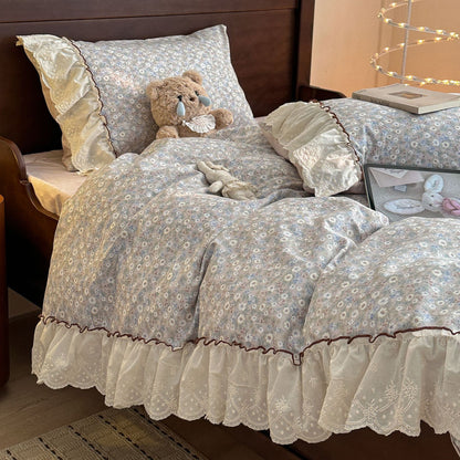 Floral Baumwollmischung Bettbezug Set mit Spitzenrüsche und Kissenbezügen