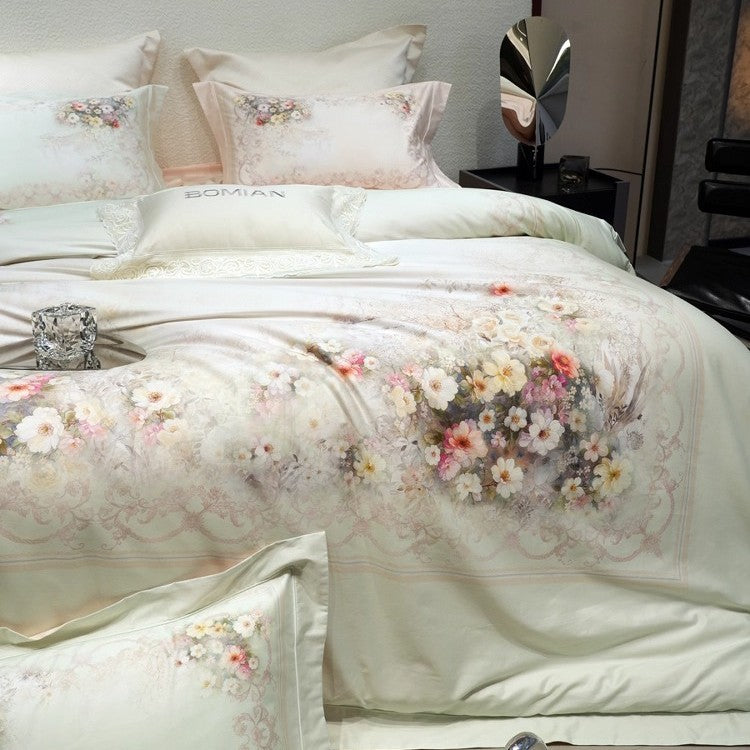 Luxuriöses Floral-Mikrofaser-Satin-Bettbezug-Set mit wendbaren dekorativen Kissenbezügen