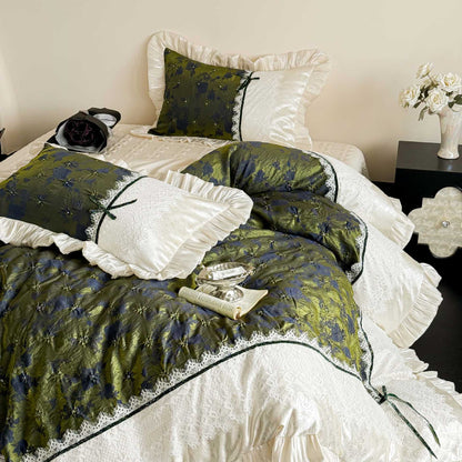 Satin-Trim Gequiltetes Jacquard Bettbezug Set mit Spitzenkante Kissenbezügen