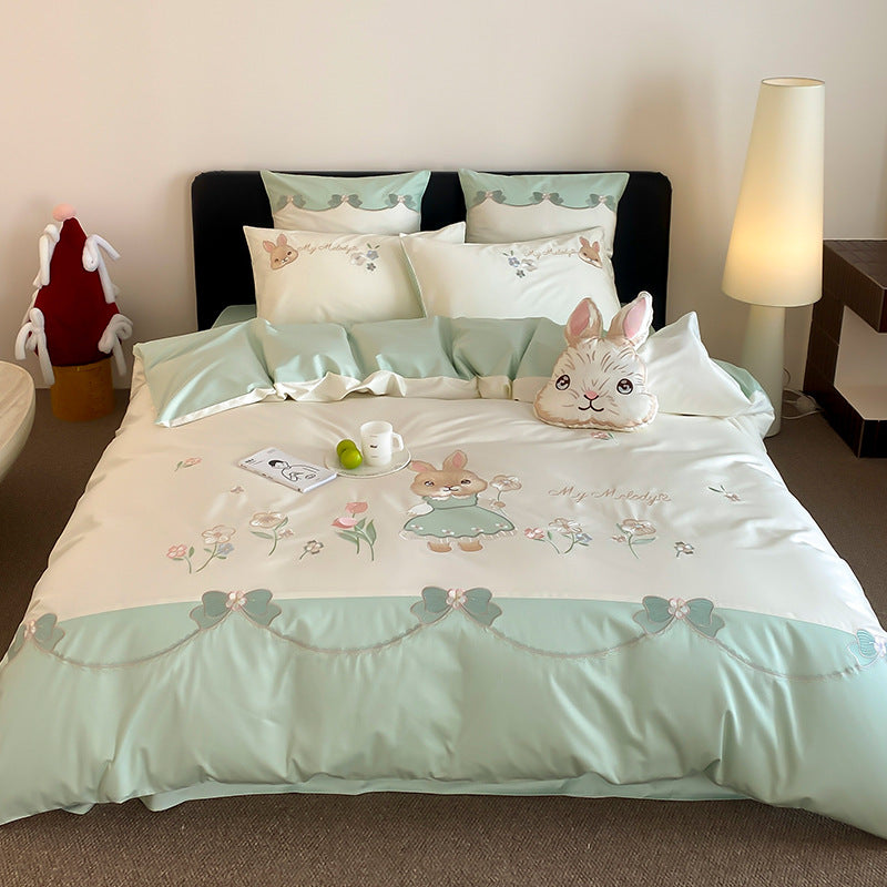 Verspieltes Kaninchen gestickte Bettwäsche-Set mit Wendeseite aus Satin und plüschigem Akzent