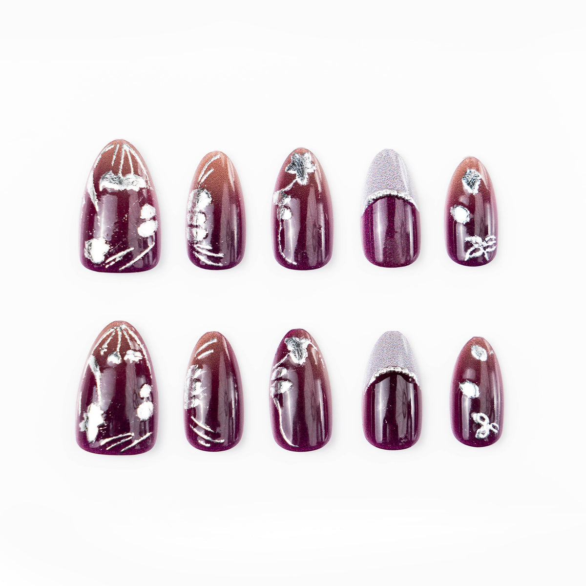 Elegantes Press-On-Nagelkunst-Set mit silbernen Akzenten Brehn