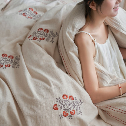 Handgenähte florale gestickte Leinen-Misch-Duvet-Bezug-Satz mit Quasten-Kissenbezügen