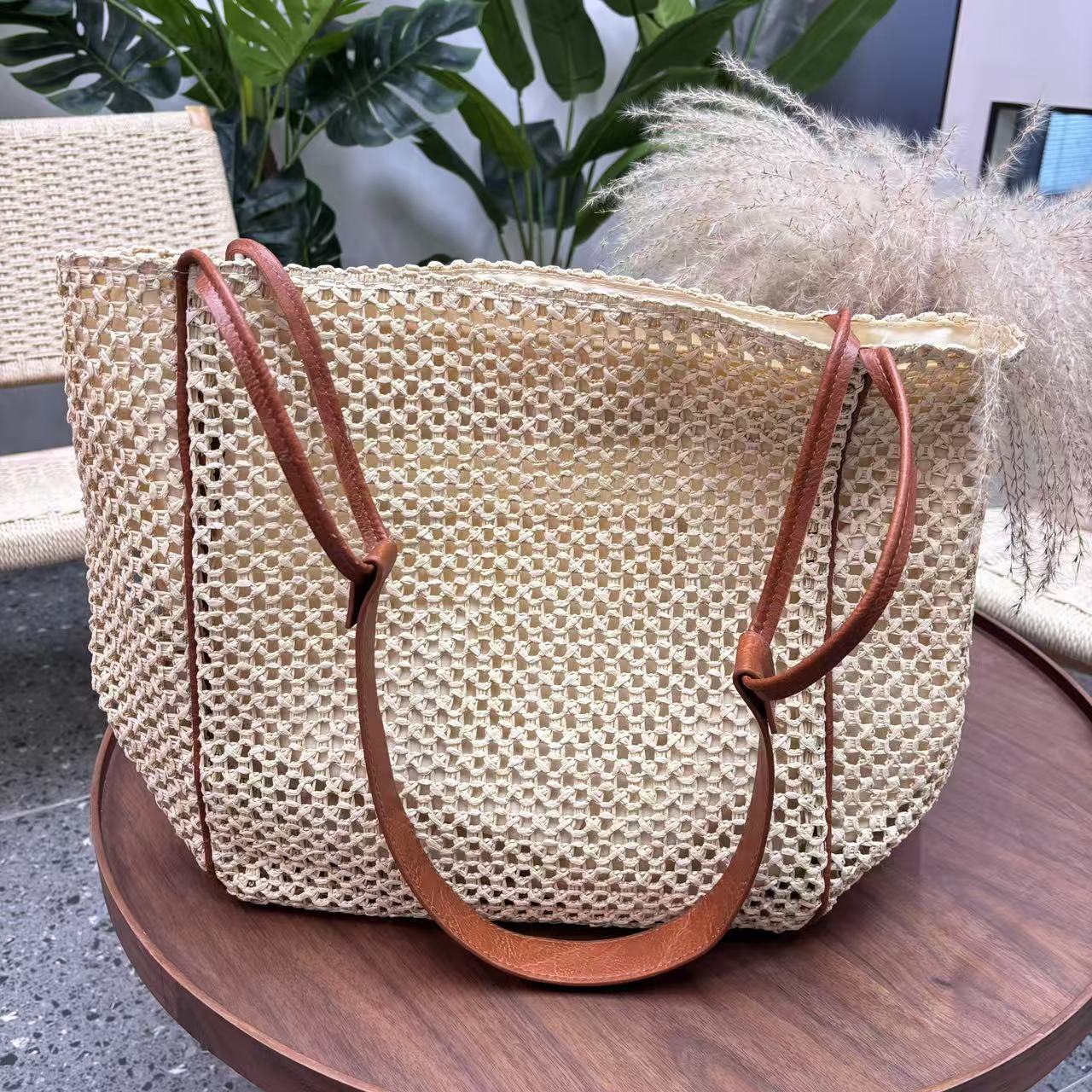 Handtasche Aus Geflochtener Baumwolle mit Ledergriffen Brehn