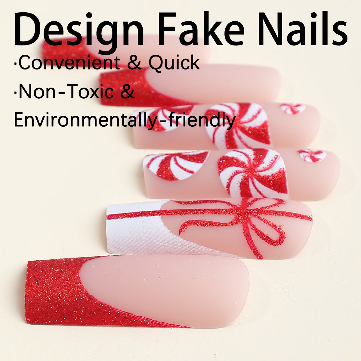 Kunstnagelset mit festlichem Zuckerstangen-Design und Glitzerakzenten Brehn