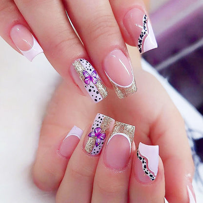 Elegante Florale Glitzer Acryl Nagelverlängerungen Brehn