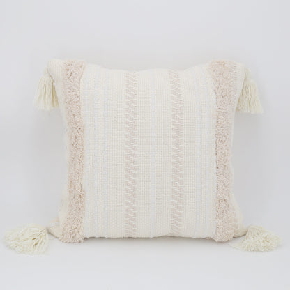 Quadratischer Boho-Kissenbezug mit handgewebter Struktur, Chenille‑Bordüren und Eckquasten Brehn