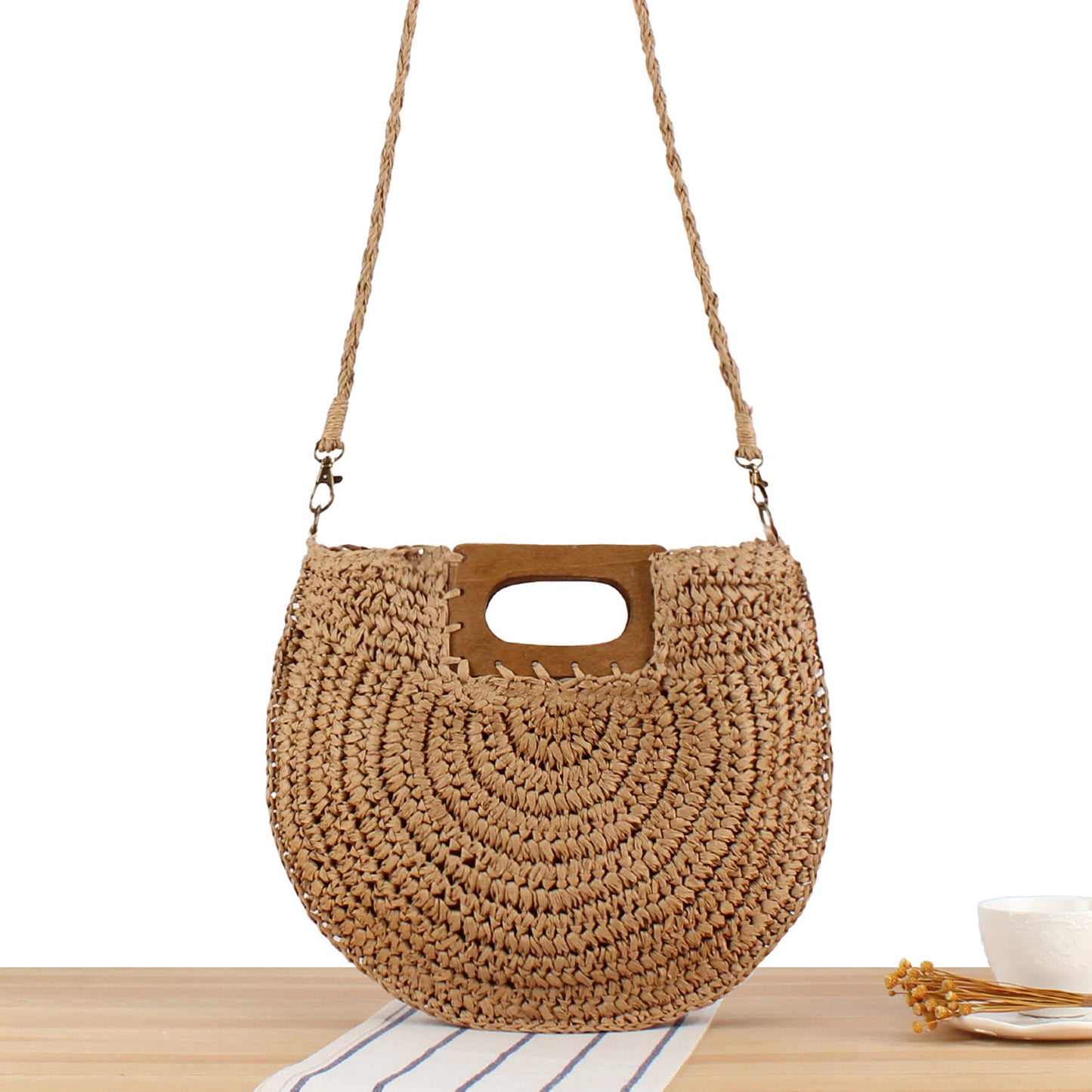 Handtasche Aus Hochwertigem Pflanzenfasergeflecht mit Holzgriff Brehn