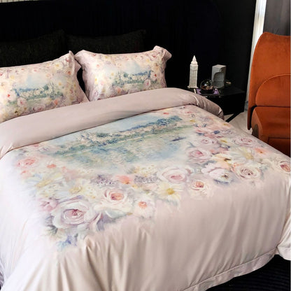 Floral Watercolor Satin-Feel Bettbezug Set mit wendbarem einfarbigen Rücken und Kissenbezügen
