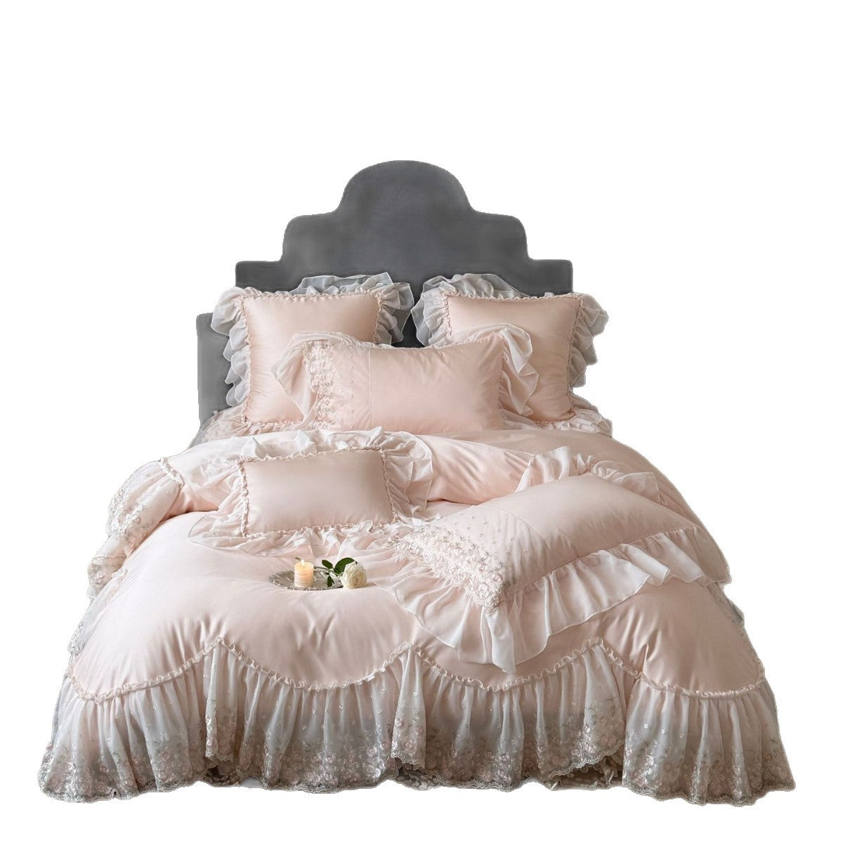 Luxuriöses romantisches Bettwäsche-Set mit Spitzenvolants und besticktem Baumwollsatin