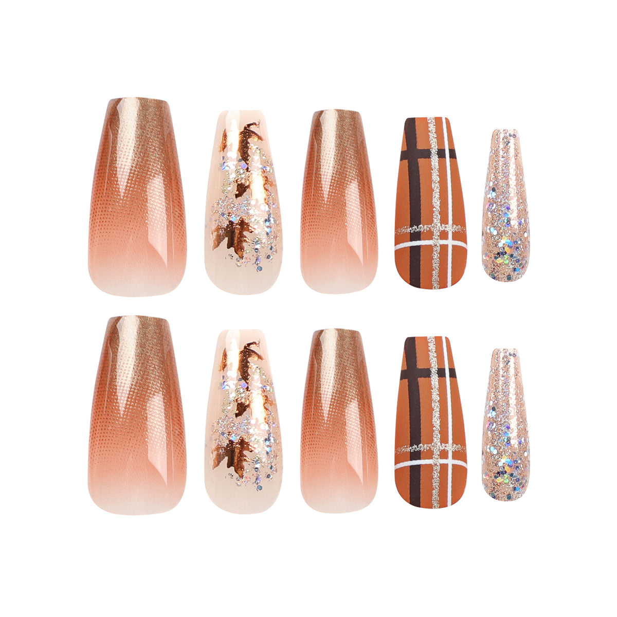Kunstvolle Nagelverlängerungen mit Glitzer- und Blattmotiven Brehn