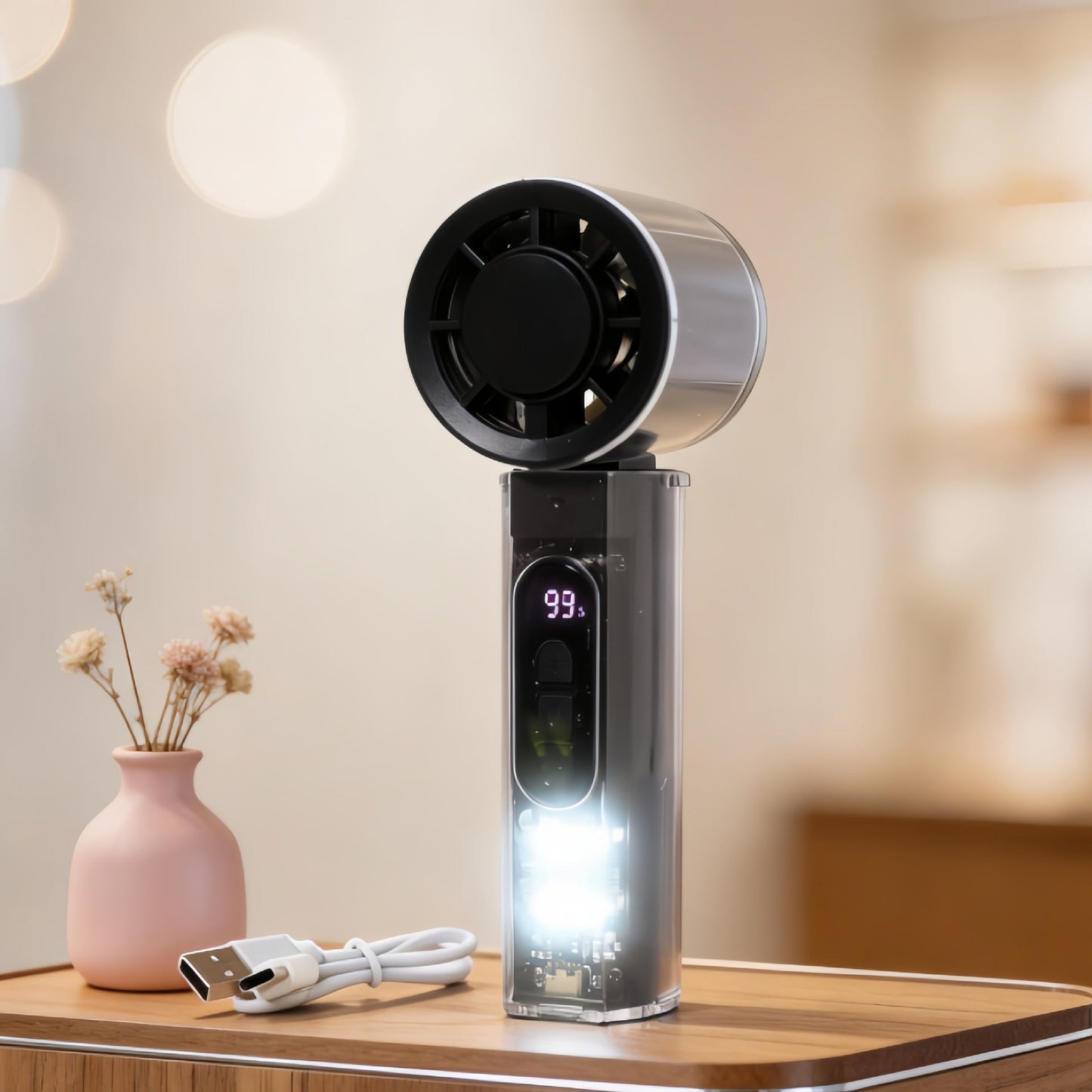 Frauen Tragbarer Mini Ventilator mit Digitalanzeige und LED-Beleuchtung Brehn