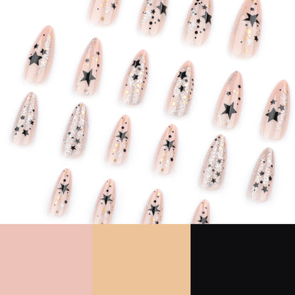 Kunstvolle Stiletto-Nägel mit Glitzer- und Sternenmotiv Brehn