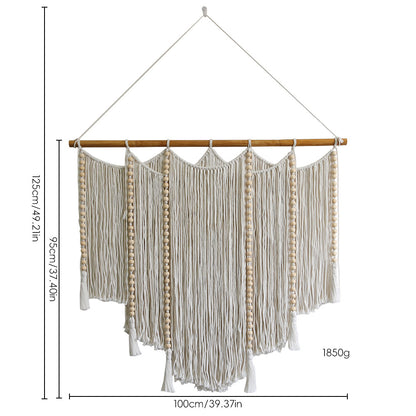 Makramee Wandbehang mit komplexen Fransen und Holzperlen