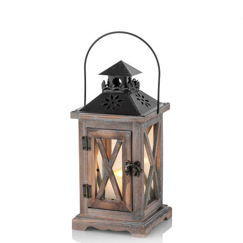 Rustikale Vintage-Holz-Glas-gemusterte dekorative Kerzenlaterne mit Metalloberseite und Traggriff Brehn