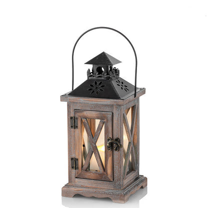 Rustikale Vintage-Holz-Glas-gemusterte dekorative Kerzenlaterne mit Metalloberseite und Traggriff Brehn