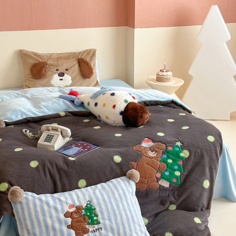 Plüsch Cartoon Katze Bettdecken Set mit gepunktetem Fleece & Pom-Pom Dekor Kissen