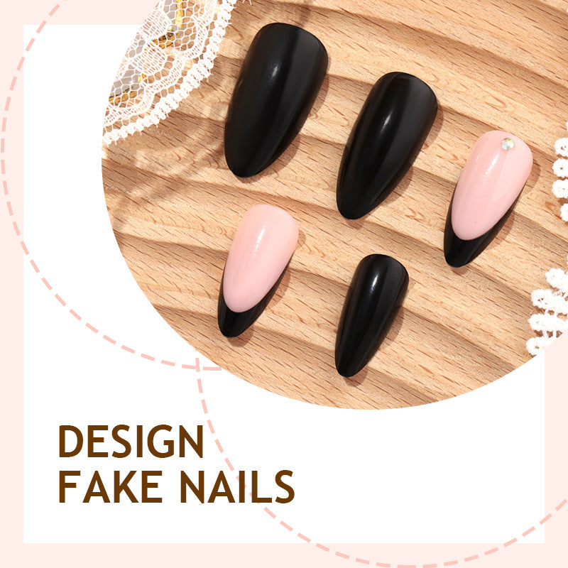 Kunstnagelset mit elegantem Schwarz-Pink Design und strassbesetzten Akzenten Brehn