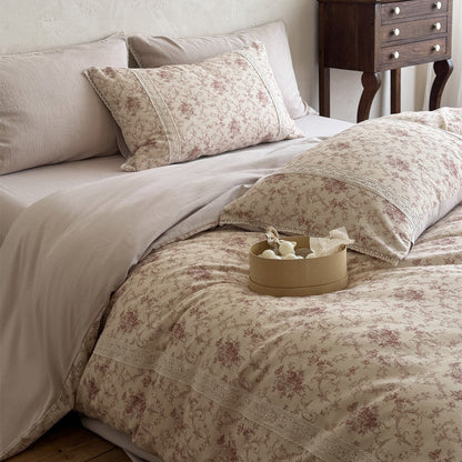 Vintage Toile Baumwolle Bettbezug Set mit Spitzeneinlage und wendbarem einfarbigem Rücken