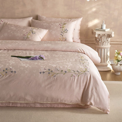 Bestickte Satin-Feel Blumen Bettbezug Set mit Wendbarer Sateen Rückseite und Eckenbändern