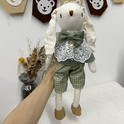Handgefertigte Leinen-Hase Puppe mit Spitzenkragen und Perlen-Schleifen-Anhänger