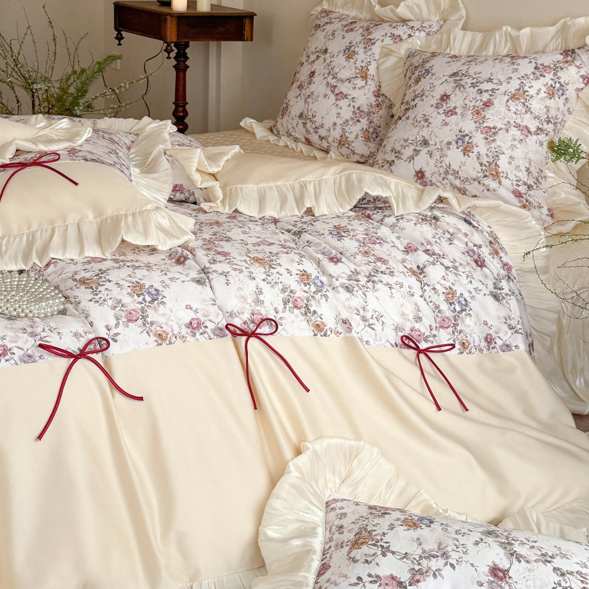 Vintage Floral Rüsch Luxus Baumwolle Bettbezug und Kissenbezug Set