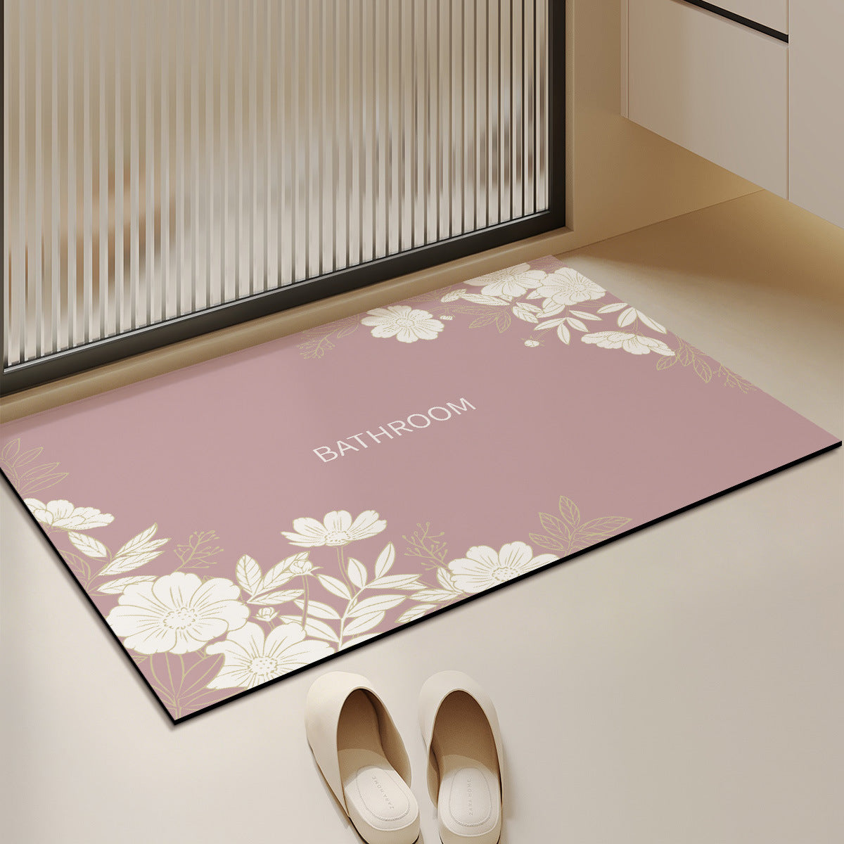 Absorbent Anti-Slip Bathroom Door Mat with Floral Corner Print and Quick-Dry Microfiber Surface