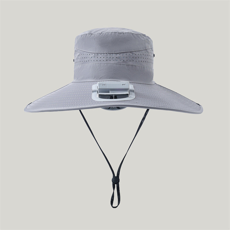 breiter Outdoor-Sonnenhut mit Solarmodul, leisem Mini-Ventilator und verstellbarem Kinnriemen Brehn