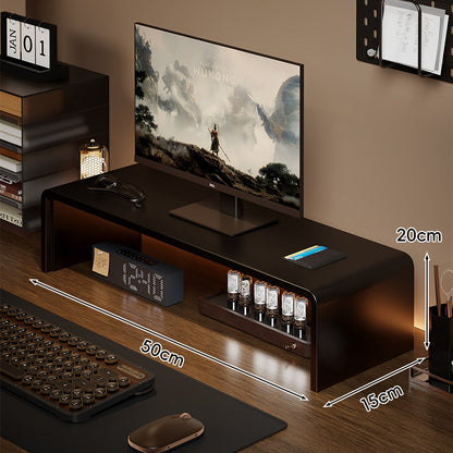 Niedrigprofilierte gebogene Desktop-Monitor-Plattform mit integriertem Unterregal-Organizer und ambienter Hintergrundbeleuchtung