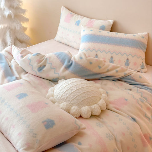Kuschelige Thermofleece‑Bettwäschegarnitur mit Winter‑Motiv und Wendeseite