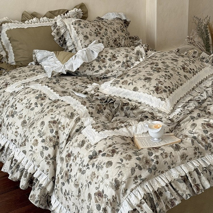 Romantisches Vintage-Bettwäsche-Set mit Rüschen und Spitzen