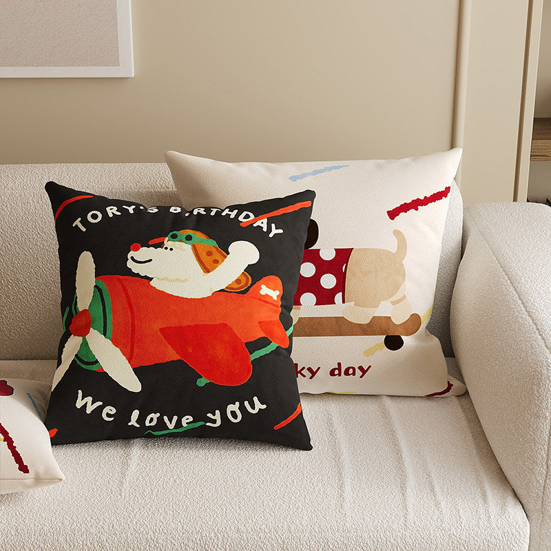 Square Decorative Throw Pillow Cover with Cute Cartoon Cat Illustration and Vertical Pink Stripe Linen-Blend
