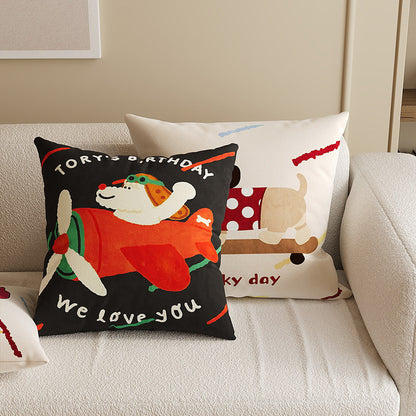 Square Decorative Throw Pillow Cover with Cute Cartoon Cat Illustration and Vertical Pink Stripe Linen-Blend