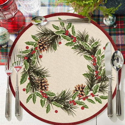 Rundes abwischbares Tischset mit weihnachtlichem Tannenzapfen- und Stechpalmenkranz-Motiv Brehn