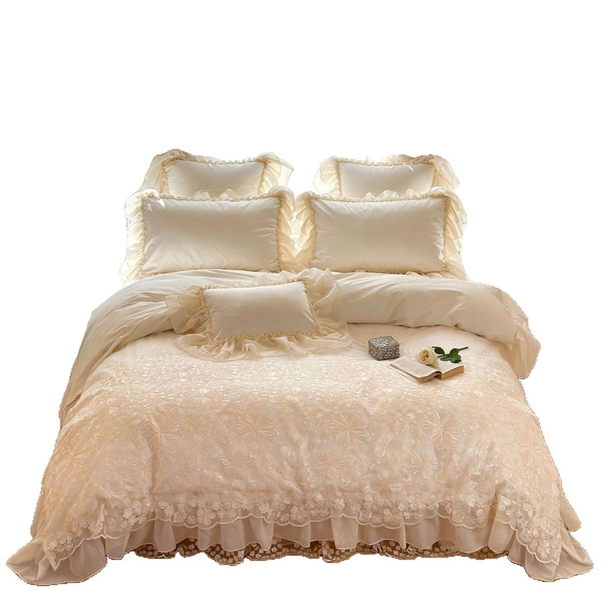 Besticktes Rüschendes Floral Bettbezug Set mit Geschichteter Transparenter Rüsche