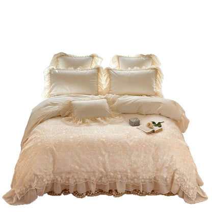 Besticktes Rüschendes Floral Bettbezug Set mit Geschichteter Transparenter Rüsche
