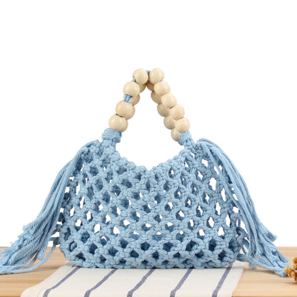 Handgefertigte Makramee-Tasche mit Holzgriffen Brehn