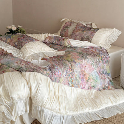 Florales Aquarell Satin Rüsch Bettdeckenbezug Set