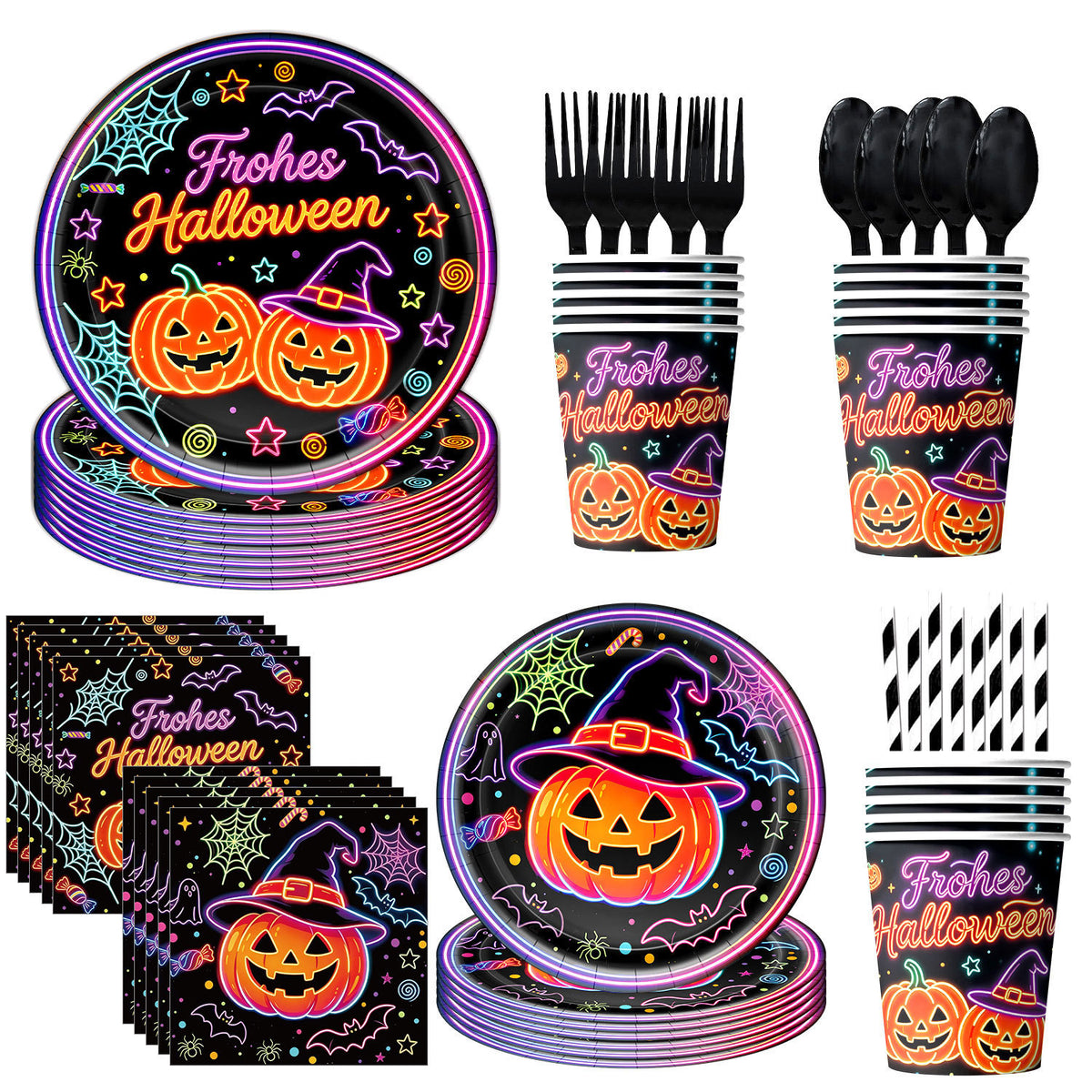 Komplettes Halloween-Party-Tischdekor-Set mit Neon-Kürbisdesign Einweggeschirr und Girlande