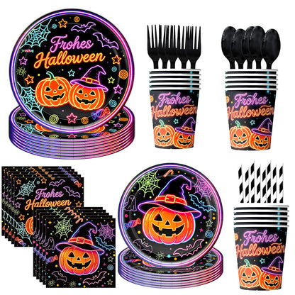 Komplettes Halloween-Party-Tischdekor-Set mit Neon-Kürbisdesign Einweggeschirr und Girlande