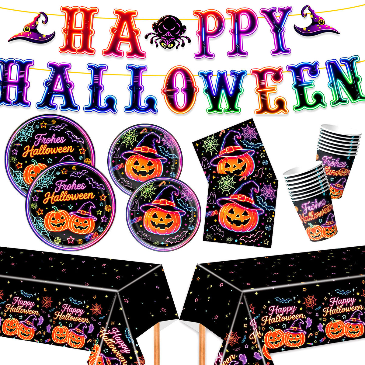 Komplettes Halloween-Party-Tischdekor-Set mit Neon-Kürbisdesign Einweggeschirr und Girlande