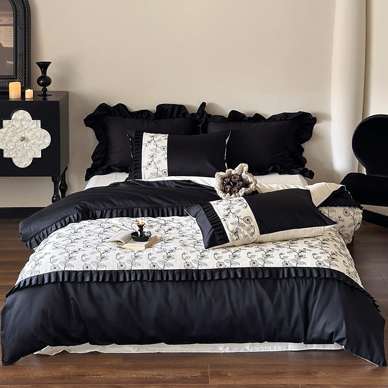 Luxuriöses Baumwoll-Satin Bettwäsche-Set mit Rüschen und zarter Blumenstickerei