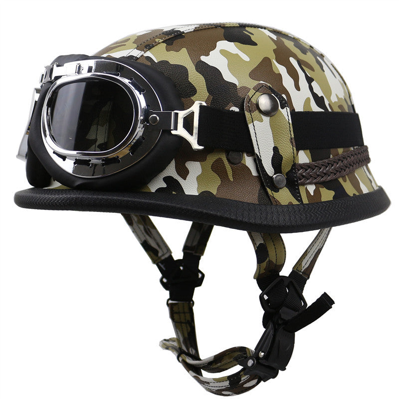 Vintage-Leder-Bikerhelm mit Brille Brehn