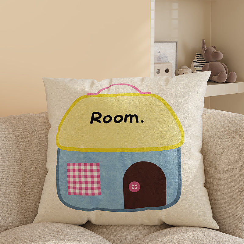 Square Plush Decorative Cushion Pillow with Illustrated House 'Room' Motif